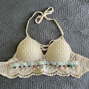 Crochet Halter Bikini Top with Beaded Trim
